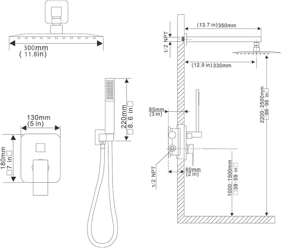 JingGang Matte Black Shower System 12 Inch Bathroom Luxury Rain Mixer Shower Combo Set Wall Mounted Rainfall Shower Head and Handheld System Shower Faucet Set Rough-in Valve Body and Trim Included