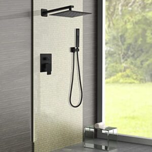 JingGang Matte Black Shower System 12 Inch Bathroom Luxury Rain Mixer Shower Combo Set Wall Mounted Rainfall Shower Head and Handheld System Shower Faucet Set Rough-in Valve Body and Trim Included