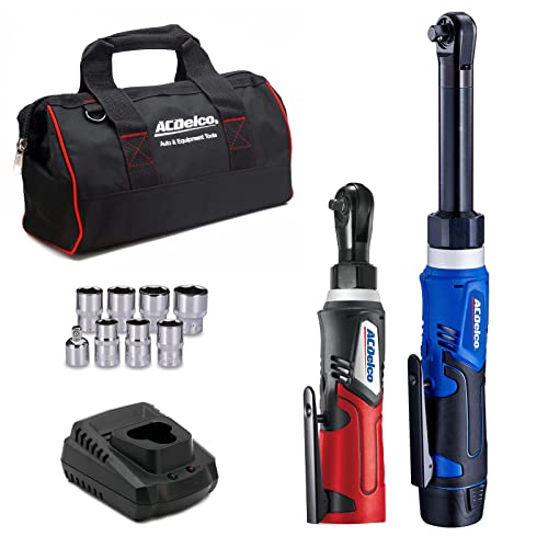 ACDelco ARW1218-K18 G12 Series 12V Li-ion Cordless 3/8” Extended Rachet Wrench & ¼” Ratchet Wrench Combo Tool Kit,Blue/Red