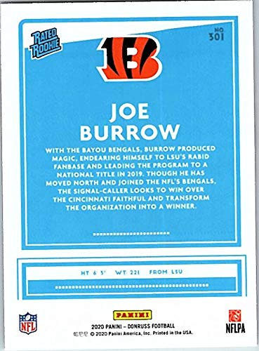 2020 Donruss Football #301 Joe Burrow RC Rookie Cincinnati Bengals Official NFL Trading Card by Panini America