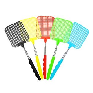 5 pieces fly swatter extendable fly swatter telescopic fly swatter manual heavy duty plastic flyswatter with extendable stainless steel handle, multicolor