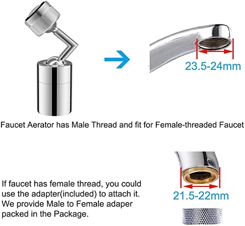 Sink Faucet Aerator, 360 Degree Big Angle Swivel Aerator Dual Water Flow Modes, Kitchen Faucet Aerator, Tap Aerator Sprayer Attachment for Bathroom/Chrome Finished-15/16 Inch-27UNS Male Thread