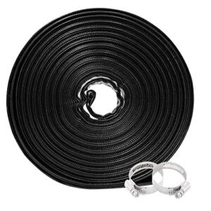 poolwhale heavy duty 1-1/2" x 100' thick 1.2mm black backwash pool hose with clamp - flat water discharge hose - chemical and weather resistant - drain clean swimming pools & filters