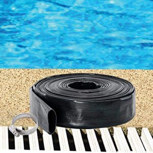 POOLWHALE Heavy Duty 1-1/2" x 100' Thick 1.2mm Black Backwash Pool Hose with Clamp - Flat Water Discharge Hose - Chemical and Weather Resistant - Drain Clean Swimming Pools & Filters