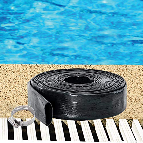 POOLWHALE Heavy Duty 1-1/2" x 100' Thick 1.2mm Black Backwash Pool Hose with Clamp - Flat Water Discharge Hose - Chemical and Weather Resistant - Drain Clean Swimming Pools & Filters