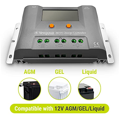 Newpowa 10A MPPT Solar Charge Controller Charge 12V Battery Regulator Dual USB Ports Negative Ground W/LCD Display Up to 130W Off Grid Solar Panel Adjustable for Gel AGM,Liquid Batteries