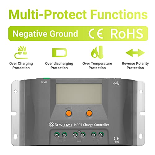 Newpowa 10A MPPT Solar Charge Controller Charge 12V Battery Regulator Dual USB Ports Negative Ground W/LCD Display Up to 130W Off Grid Solar Panel Adjustable for Gel AGM,Liquid Batteries