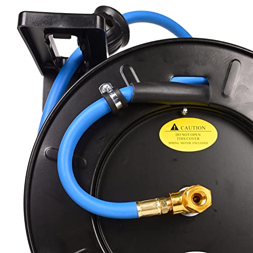 Aain AA039 Premium Heavy-Duty 3/8 in x 50 ft Air Hose Reel. Ceiling/Wall Mount, Retractable Air Compressor Hose Reel, 300 PSI Flexiable Hybrid Hose, black and blue