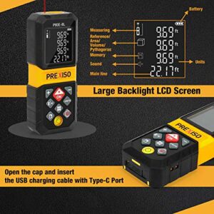 PREXISO Laser Measure, 265Ft Rechargeable Laser Distance Meter with Multi-Measurement Units M/in/Ft, Backlit LCD 4 Line Display, and Pythagorean, Distance, Area, Volume Modes