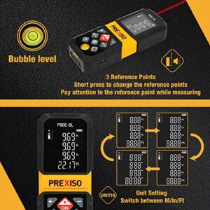 PREXISO Laser Measure, 265Ft Rechargeable Laser Distance Meter with Multi-Measurement Units M/in/Ft, Backlit LCD 4 Line Display, and Pythagorean, Distance, Area, Volume Modes