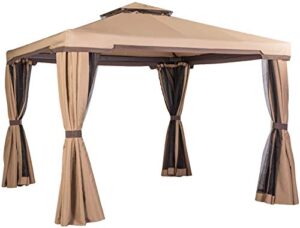 skiway 10'x 10' patio gazebo canopy outdoor tent shelter with double square tops, shade curtains and mosquito netting -brown, front porch