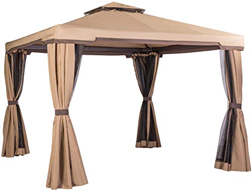 Skiway 10'x 10' Patio Gazebo Canopy Outdoor Tent Shelter with Double Square Tops, Shade Curtains and Mosquito Netting -Brown, Front Porch