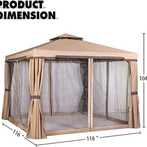 Skiway 10'x 10' Patio Gazebo Canopy Outdoor Tent Shelter with Double Square Tops, Shade Curtains and Mosquito Netting -Brown, Front Porch