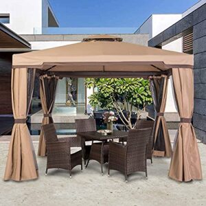 Skiway 10'x 10' Patio Gazebo Canopy Outdoor Tent Shelter with Double Square Tops, Shade Curtains and Mosquito Netting -Brown, Front Porch