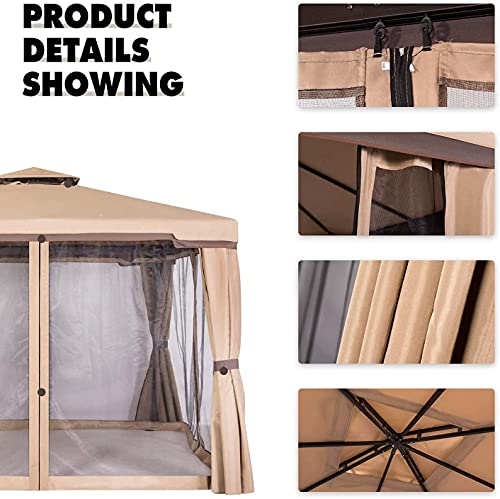 Skiway 10'x 10' Patio Gazebo Canopy Outdoor Tent Shelter with Double Square Tops, Shade Curtains and Mosquito Netting -Brown, Front Porch