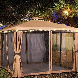 Skiway 10'x 10' Patio Gazebo Canopy Outdoor Tent Shelter with Double Square Tops, Shade Curtains and Mosquito Netting -Brown, Front Porch