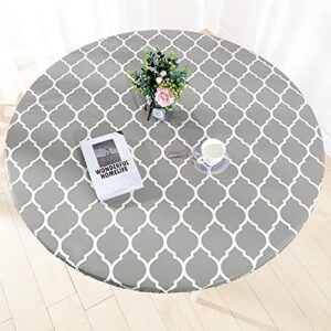 zhuqing heavy duty vinyl round fitted tablecloth, gray moroccan design, spillproof waterproof elastic table cover with flannel backed lining, fits 40" to 44" round table，for indoor/outdoor use
