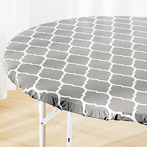 Zhuqing Heavy Duty Vinyl Round Fitted Tablecloth, Gray Moroccan Design, Spillproof Waterproof Elastic Table Cover with Flannel Backed Lining, Fits 40" to 44" Round Table，for Indoor/Outdoor Use