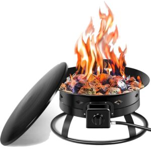 safstar 19” gas fire pit bowl, 58,000btu portable propane fire pit w/cover lava rock stone, tank stabilizer ring & carry kit, gas fire bowl for patio camping backyard party