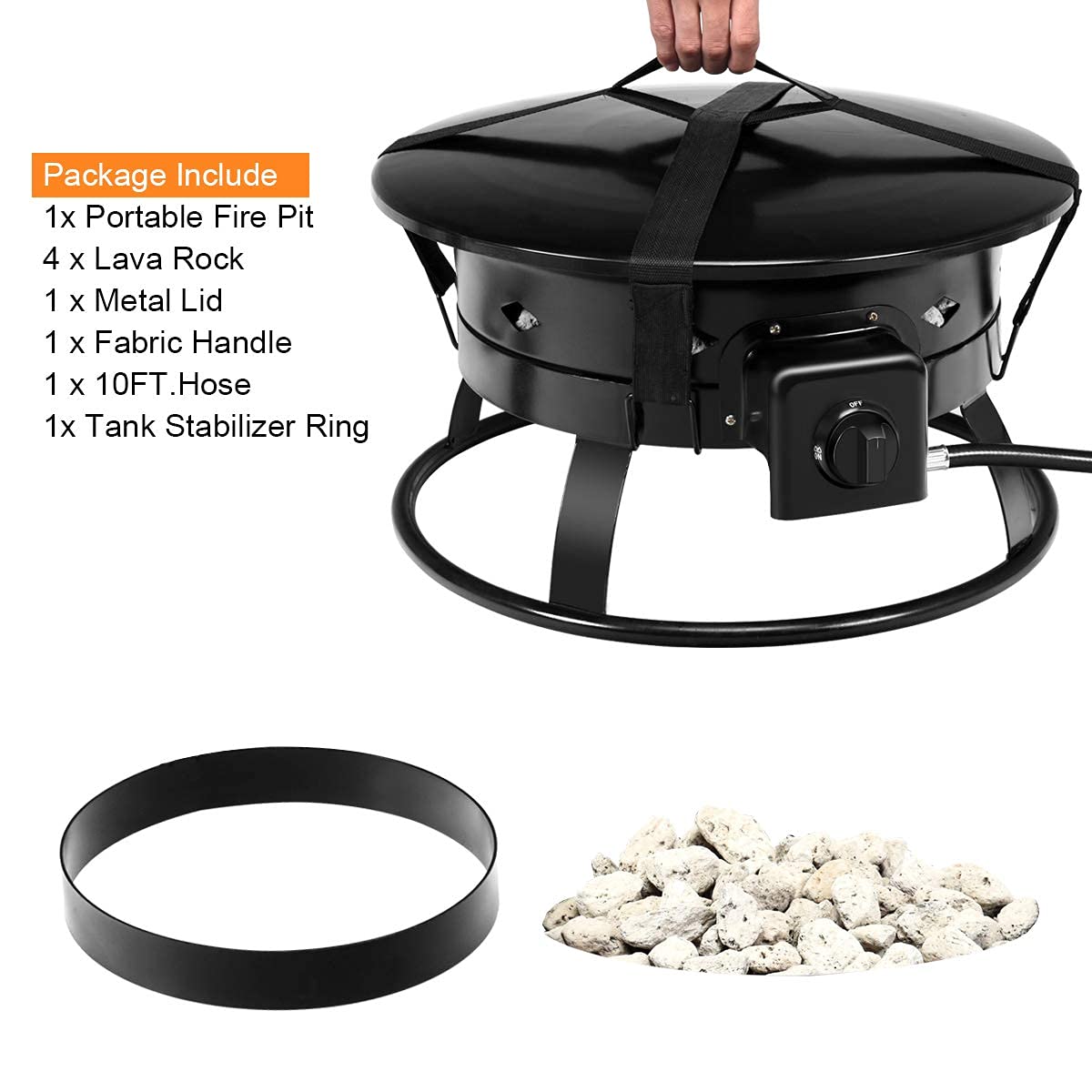 Safstar 19” Gas Fire Pit Bowl, 58,000BTU Portable Propane Fire Pit w/Cover Lava Rock Stone, Tank Stabilizer Ring & Carry Kit, Gas Fire Bowl for Patio Camping Backyard Party