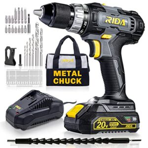 RIDA Cordless Drill 20V Electric Power Drill 1/2'' Keyless Metal Chuck 355 In-lb(40N.m) Torque with 2.0AH Li-ion Battery & Fast Charger, Variable Speed, 25+1 Position and 22pcs Bits New Year Presents