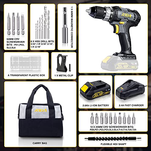 RIDA Cordless Drill 20V Electric Power Drill 1/2'' Keyless Metal Chuck 355 In-lb(40N.m) Torque with 2.0AH Li-ion Battery & Fast Charger, Variable Speed, 25+1 Position and 22pcs Bits New Year Presents