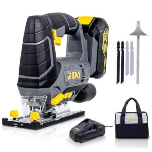 rida cordless jig saw, 20v jigsaw 0-2700 spm adjustable speed, ±45° bevel cutting with led light, 2.0ah battery & 1 hour fast charger, 4pcs blades for woodworking new year presents