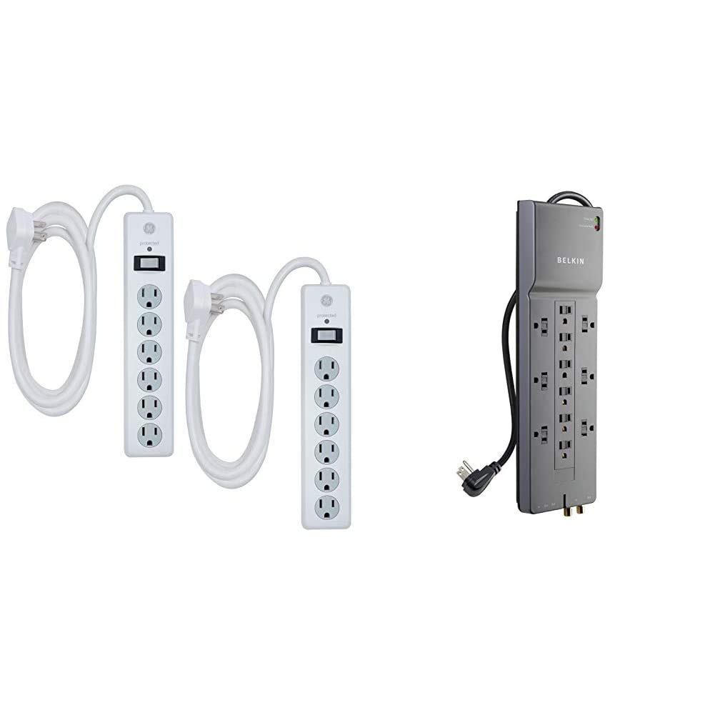 GE, White, 6 Outlet Surge Protector 2 Pack, 10 Ft Extension Cord, Power Strip, 800 Joules & Belkin 12-Outlet Power Strip Surge Protector, 8ft Cord – Ideal for Computers, Home Theater, Appliances