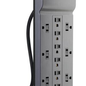 GE, White, 6 Outlet Surge Protector 2 Pack, 10 Ft Extension Cord, Power Strip, 800 Joules & Belkin 12-Outlet Power Strip Surge Protector, 8ft Cord – Ideal for Computers, Home Theater, Appliances