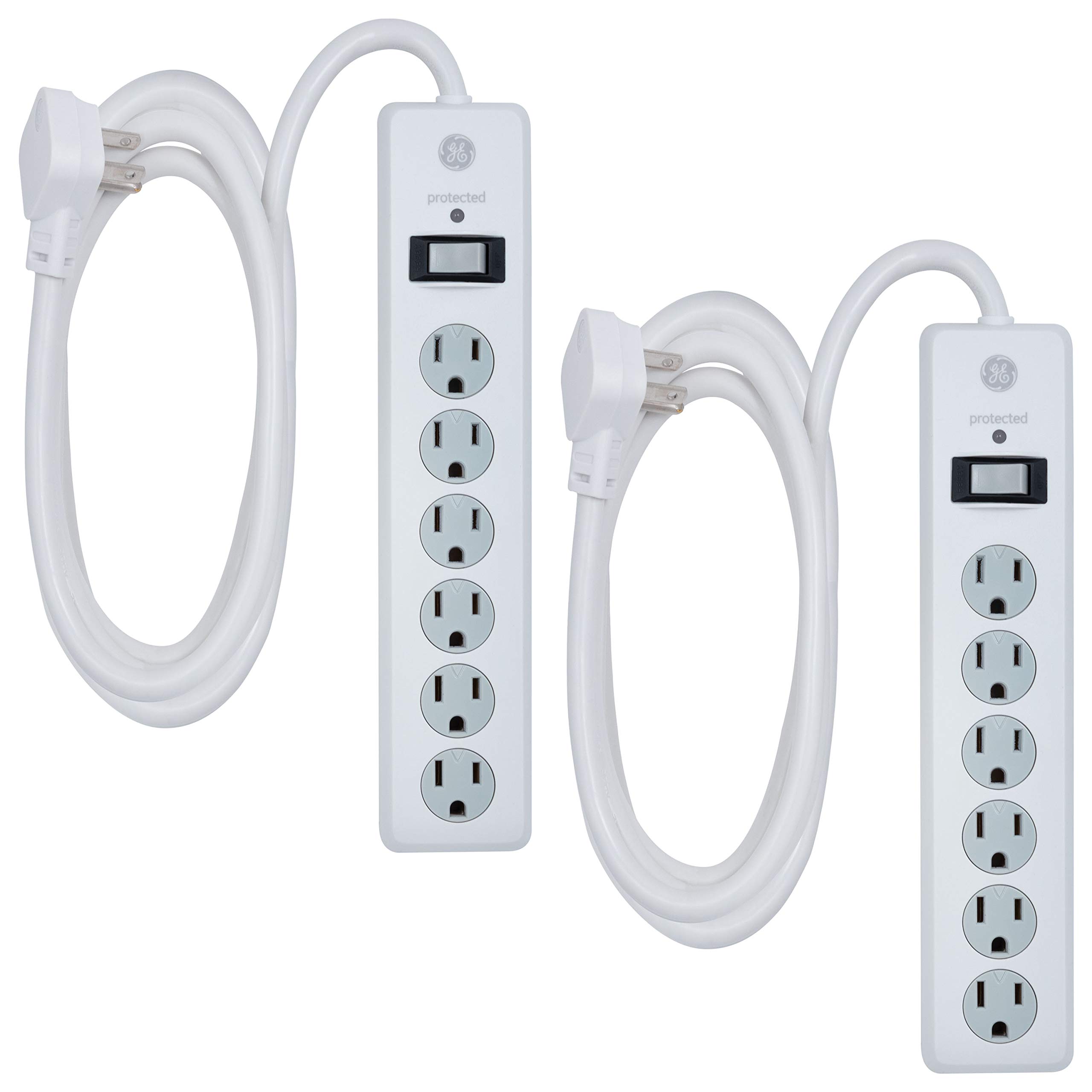 GE, White, 6 Outlet Surge Protector 2 Pack, 10 Ft Extension Cord, Power Strip, 800 Joules & Belkin 12-Outlet Power Strip Surge Protector, 8ft Cord – Ideal for Computers, Home Theater, Appliances