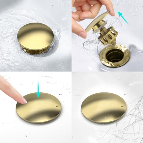 KAIYING Pop Up Drain, Bathroom Sink Drain Stopper with Overflow, Vessel Sink Drain Assembly with Detachable Basket Stopper, Anti-Explosion and Anti-Clogging Drain Strainer (Brushed Champagne Gold)