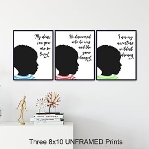 Black African American Boys Bedroom Wall Art - Son Gifts for Boys Room Decor - Inspirational Quotes - Motivational Educational Little Boys, Toddler Boys, Baby Boy, Nursery, Kids Room Decorations Set