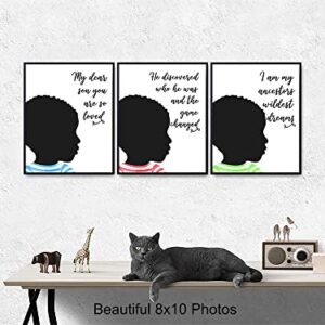 Black African American Boys Bedroom Wall Art - Son Gifts for Boys Room Decor - Inspirational Quotes - Motivational Educational Little Boys, Toddler Boys, Baby Boy, Nursery, Kids Room Decorations Set