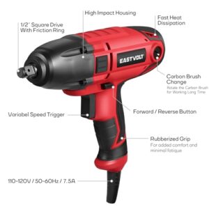 Eastvolt 800W Electric Impact Wrench, Heavy Duty 7.5 Amp Corded Max Torque 450 Ft-lbs 3400 RPM, 1/2 Inch with Hog Ring Anvil