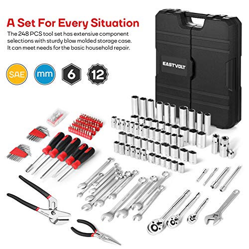 Eastvolt 248 Pieces Mechanics Tool Set, General Purpose Mixed Sockets and Wrenches, Hand Tool Set Auto Repair Tool Kit with Storage Case (EVHT24801)