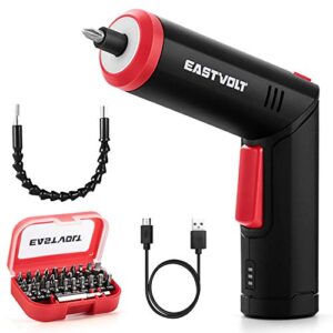 eastvolt 4v cordless screwdriver, 6nm electric screwdriver rechargeable with 90 degree rotary handle, led light and usb charging, extension rod, 32 pieces accessories