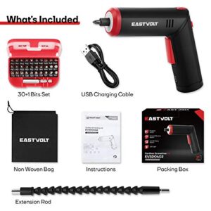 Eastvolt 4V Cordless Screwdriver, 6Nm Electric Screwdriver Rechargeable with 90 degree rotary handle, LED Light and USB Charging, Extension Rod, 32 Pieces Accessories