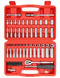 yiyitools 74 pcs 1/4" drive socket set,1/4-inch drive master socket set with ratchets,extensions with 1/4" drive bits set,universal joint (5/32-inch- 9/16-inch, 4mm-14mm)