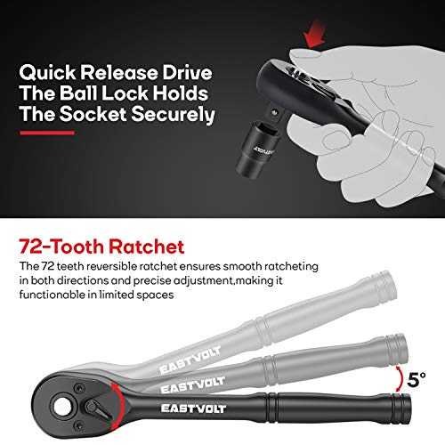 Eastvolt Mechanic Tool Kits, Drive Socket Set, 46 Pieces, with 72 Teeth Reversible Ratchet, Metric/SAE (ASK06)