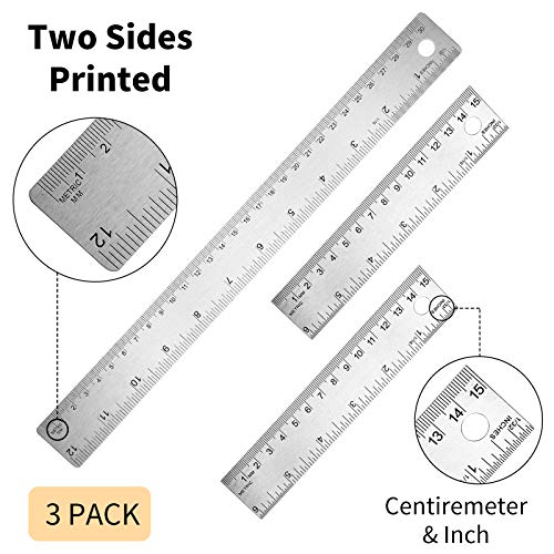 3 Pieces Stainless Steel Cork Back Rulers Set 1 Piece 12 Inch and 2 Pieces 6 Inch Non Slip Straight Edge Rulers with Inch and Metric Graduations for School Office Engineering Woodworking