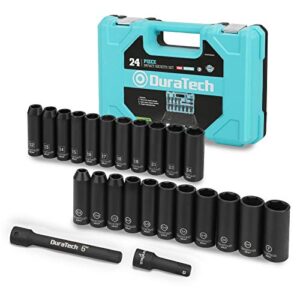 duratech 24-piece impact socket set, 1/2" drive deep impact socket set with 2pcs 1/2-inch hexagon extension bars, metric ＆ sae, hard case included