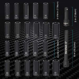 DURATECH 24-Piece Impact Socket Set, 1/2" Drive Deep Impact Socket Set with 2pcs 1/2-Inch Hexagon Extension Bars, Metric ＆ SAE, Hard Case Included