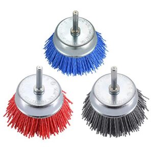 tilax 3 inch abrasive wire cup brush assorted cup brushes 3 pcs, nylon cup brush for drill 1/4" arbor, grit 80# 120# 320# cleaning rust, stripping and abrasive, for drill attachment