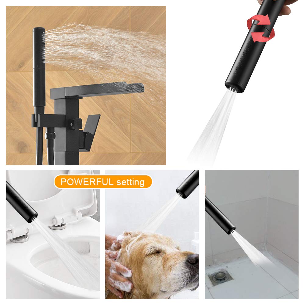 BESy Freestanding Bathtub Faucet Waterfall Tub Filler Matte Black Floor Mount Brass Single Handle Bathroom Tub Faucets with 2 Function Hand Shower Wand
