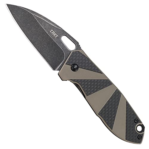 CRKT Heron EDC Pocket Knife: Everyday Carry Utility Folder, Stonewash Wharncliffe Blade with Frame Lock, Thumb Hole Open, Black Stonewash Finish, Tan G10 and Black Carbon Fiber Handle 2440