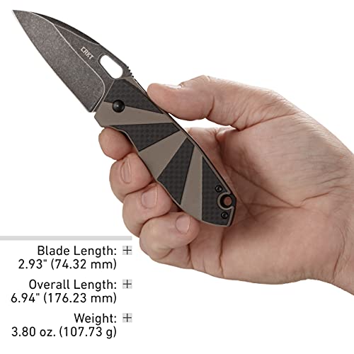 CRKT Heron EDC Pocket Knife: Everyday Carry Utility Folder, Stonewash Wharncliffe Blade with Frame Lock, Thumb Hole Open, Black Stonewash Finish, Tan G10 and Black Carbon Fiber Handle 2440