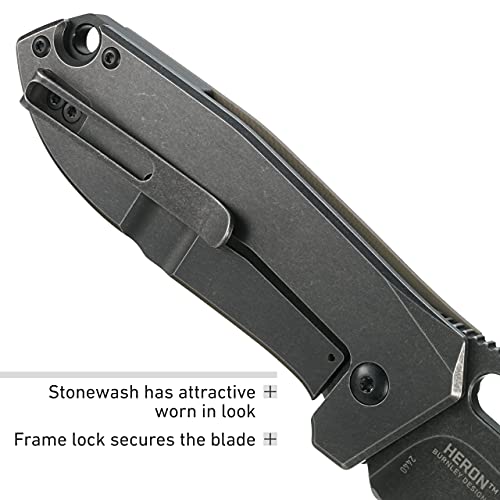 CRKT Heron EDC Pocket Knife: Everyday Carry Utility Folder, Stonewash Wharncliffe Blade with Frame Lock, Thumb Hole Open, Black Stonewash Finish, Tan G10 and Black Carbon Fiber Handle 2440