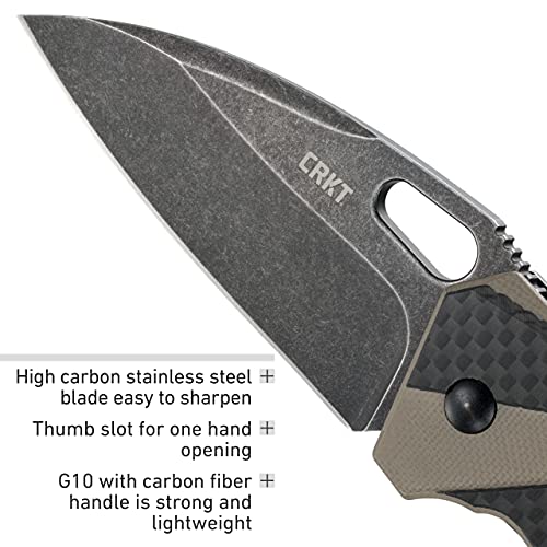 CRKT Heron EDC Pocket Knife: Everyday Carry Utility Folder, Stonewash Wharncliffe Blade with Frame Lock, Thumb Hole Open, Black Stonewash Finish, Tan G10 and Black Carbon Fiber Handle 2440