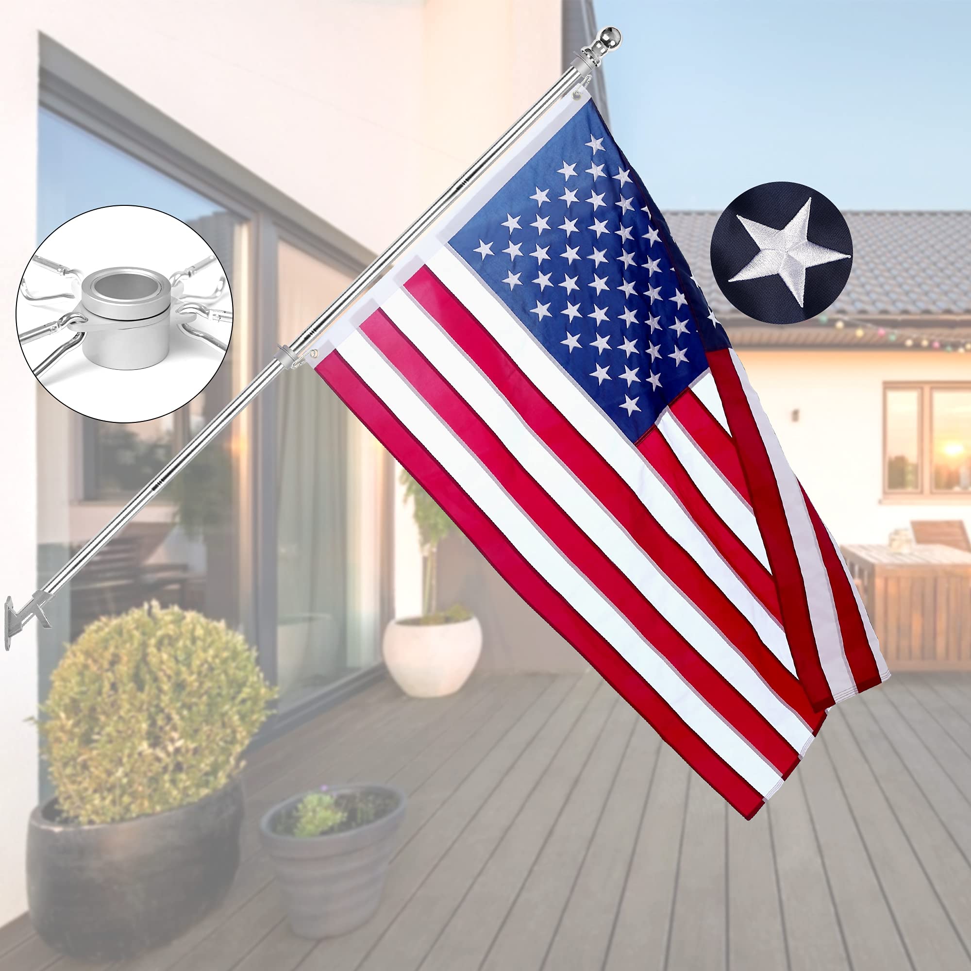 House Flag Pole Kit,Including 6Ft Stainless Steel Flag Pole,Heavy Duty Nylon 3x5 Ft American Flag,Aluminum Alloy Flag Pole Rings And Bracket. Wall Mounted Flagpole Set For Residential Or Commercial