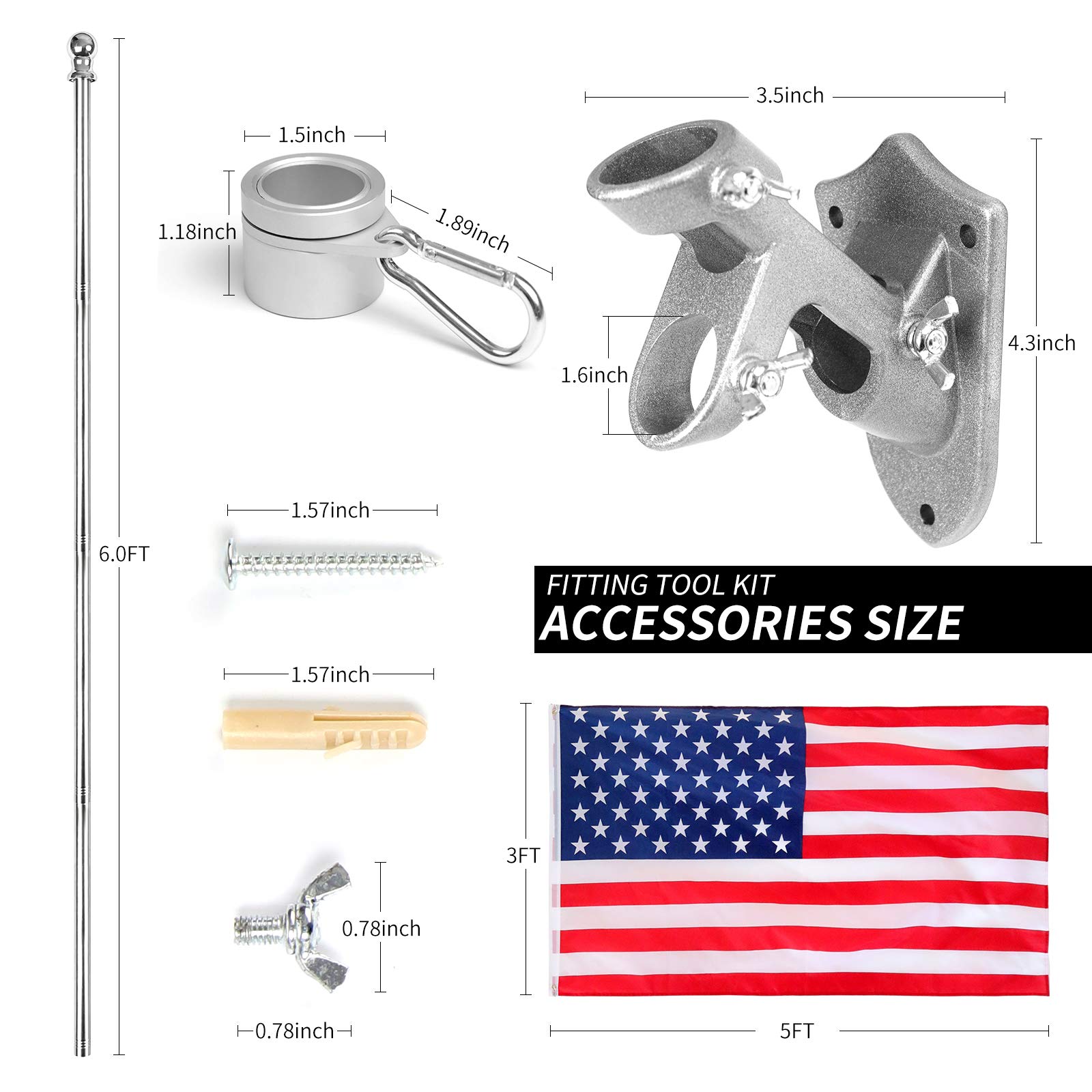 House Flag Pole Kit,Including 6Ft Stainless Steel Flag Pole,Heavy Duty Nylon 3x5 Ft American Flag,Aluminum Alloy Flag Pole Rings And Bracket. Wall Mounted Flagpole Set For Residential Or Commercial